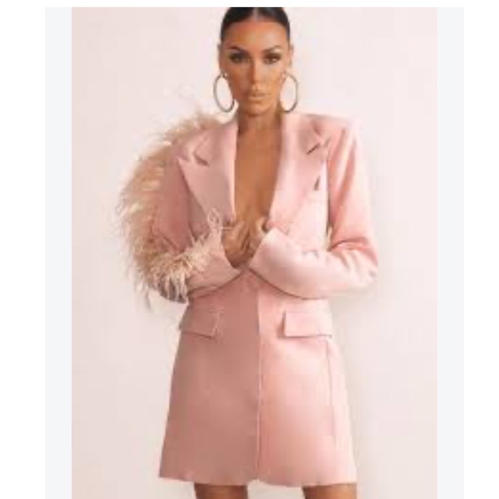Club L London Blazer Dress Women 8 Pink Feather Trim Glam Tailored Mini Dress